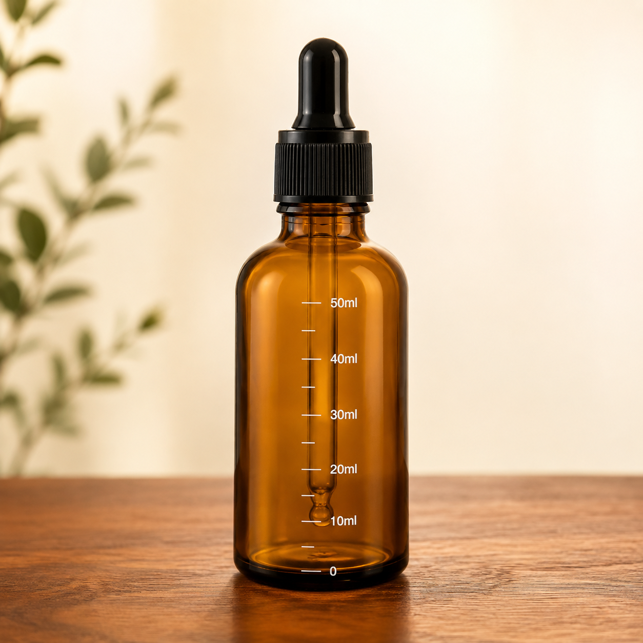 Empty 2-ounce amber glass dropper bottle with black bulb, glass pipette, and graduated milliliter measurement markings.