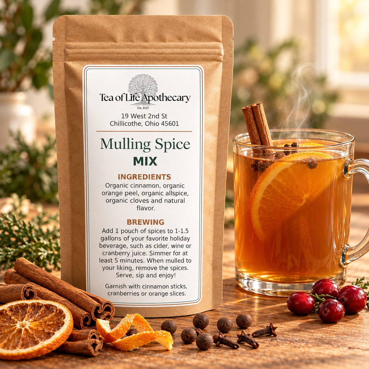 Tea of Life Apothecary Mulling Spice Mix in a kraft pouch beside steaming mulled cider, orange slices, cinnamon sticks, allspice, cloves, and cranberries.