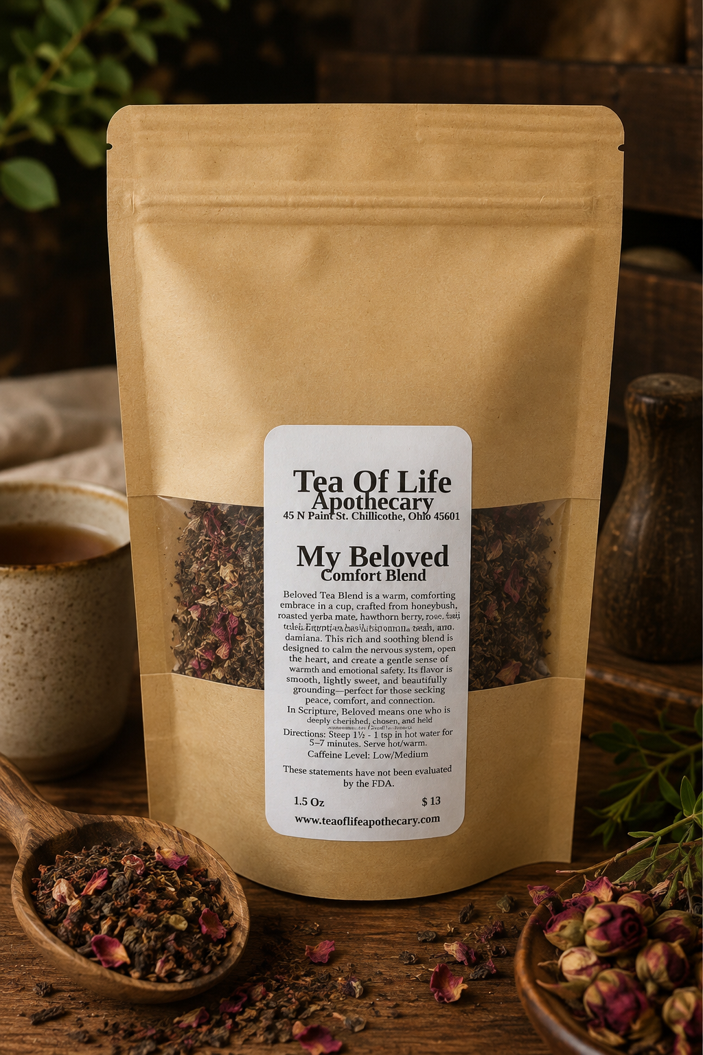 Tea of Life Apothecary My Beloved Comfort Blend herbal tea in a kraft pouch with loose leaf herbs including rose petals, honeybush, tulsi, roasted yerba mate, hawthorn berry, cacao nibs, and vanilla. Comforting botanical tea designed to promote relaxation and emotional well-being.