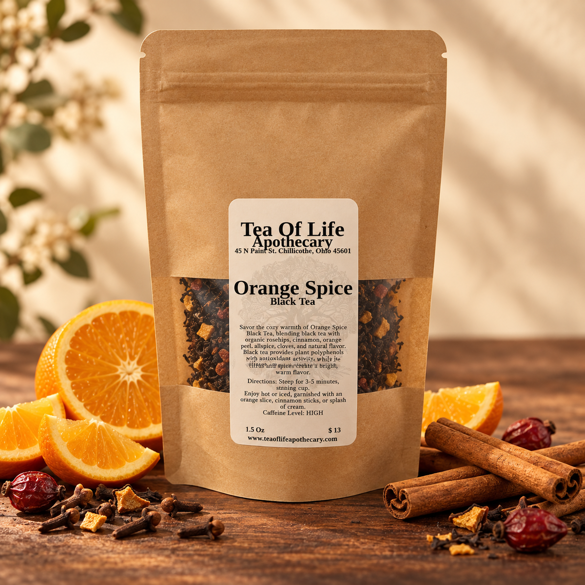 Tea of Life Apothecary Orange Spice Black Tea in a kraft pouch, styled with fresh orange slices and cinnamon sticks. A cozy black tea blend with citrus and warming spices.