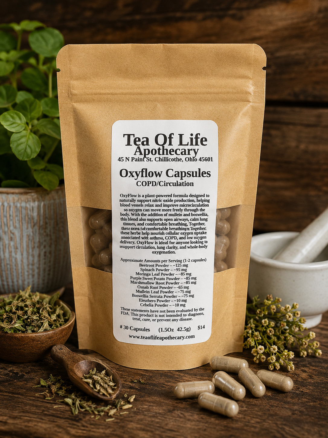 Oxyflow Herbal Capsules by Tea of Life Apothecary displayed in a rustic wellness setting with herbal ingredients and natural respiratory and circulation support botanicals.