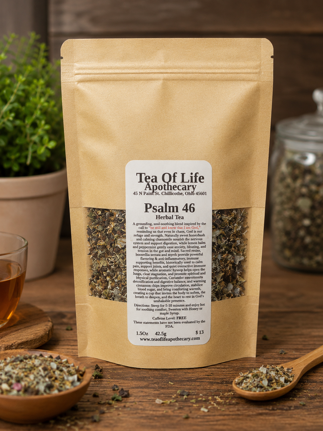 Tea of Life Apothecary Psalm 46 Herbal Tea in kraft pouch on rustic wooden table with calming herbal tea blend ingredients and warm tea cup, designed for relaxation, nervous system support, and soothing comfort.