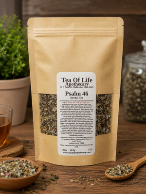 Tea of Life Apothecary Psalm 46 Herbal Tea in kraft pouch on rustic wooden table with calming herbal tea blend ingredients and warm tea cup, designed for relaxation, nervous system support, and soothing comfort.