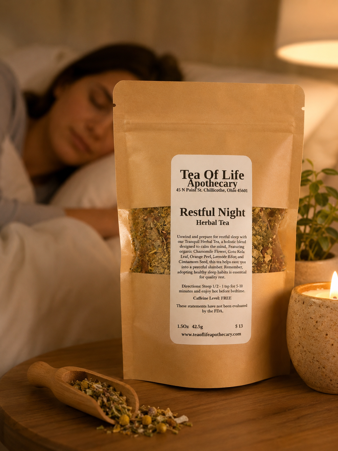 Tea of Life Apothecary Restful Night Herbal Tea in a kraft stand-up pouch with a softly blurred person sleeping in the background. Caffeine-free herbal sleep tea crafted with chamomile, gotu kola, lavender, orange peel, cardamom, and licorice root to support relaxation and a restful night's sleep.