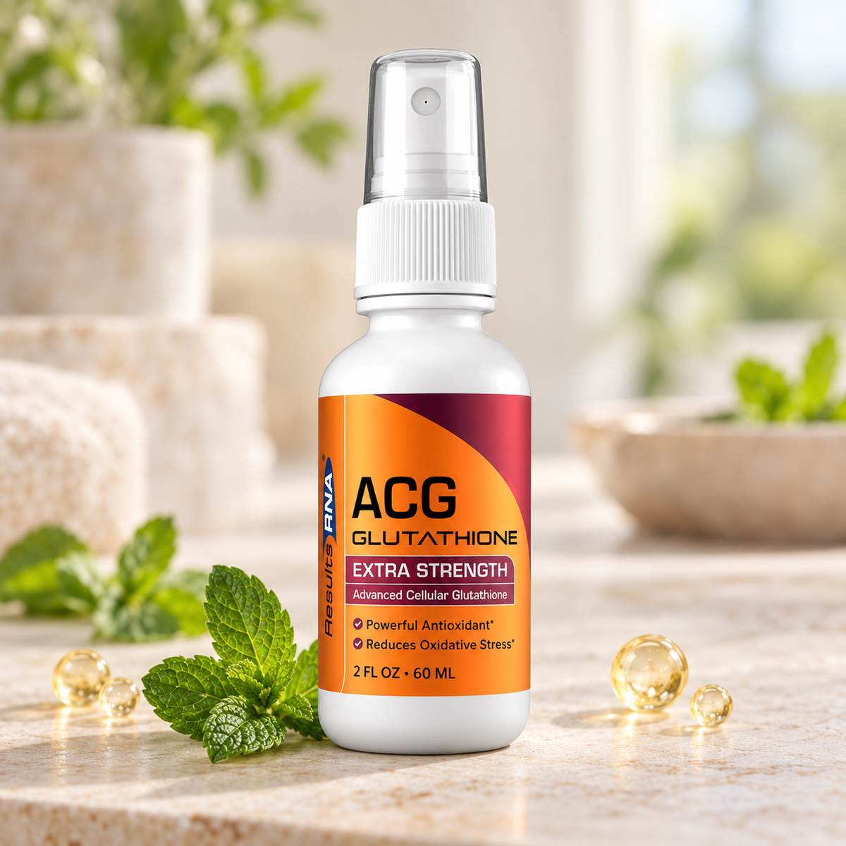 Results RNA ACG Glutathione Extra Strength 2 oz oral spray with fresh peppermint leaves in a bright natural-wellness setting.