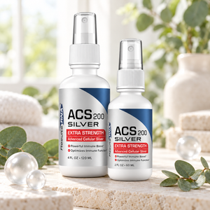 Results RNA ACS 200 Silver Extra Strength spray in 2 oz and 4 oz bottles, displayed in a clean, natural wellness setting.