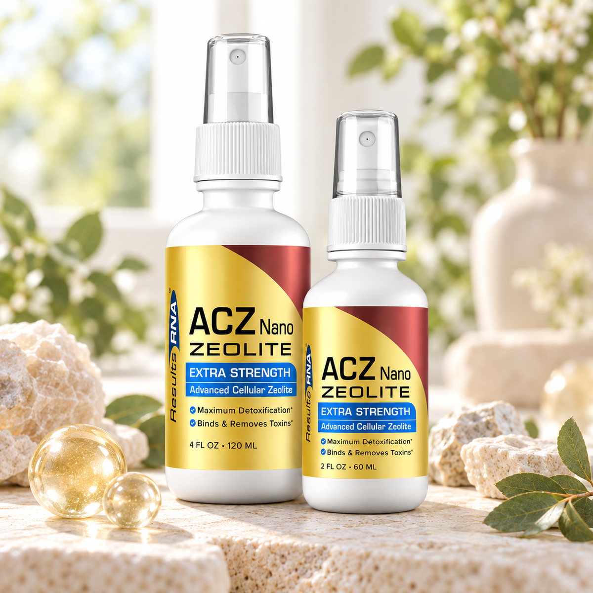 Results RNA ACZ Nano Zeolite Extra Strength spray in 2 oz and 4 oz bottles, displayed with natural minerals in a bright wellness setting.