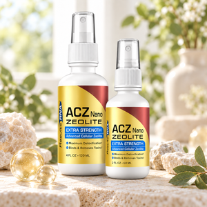 Results RNA ACZ Nano Zeolite Extra Strength spray in 2 oz and 4 oz bottles, displayed with natural minerals in a bright wellness setting.