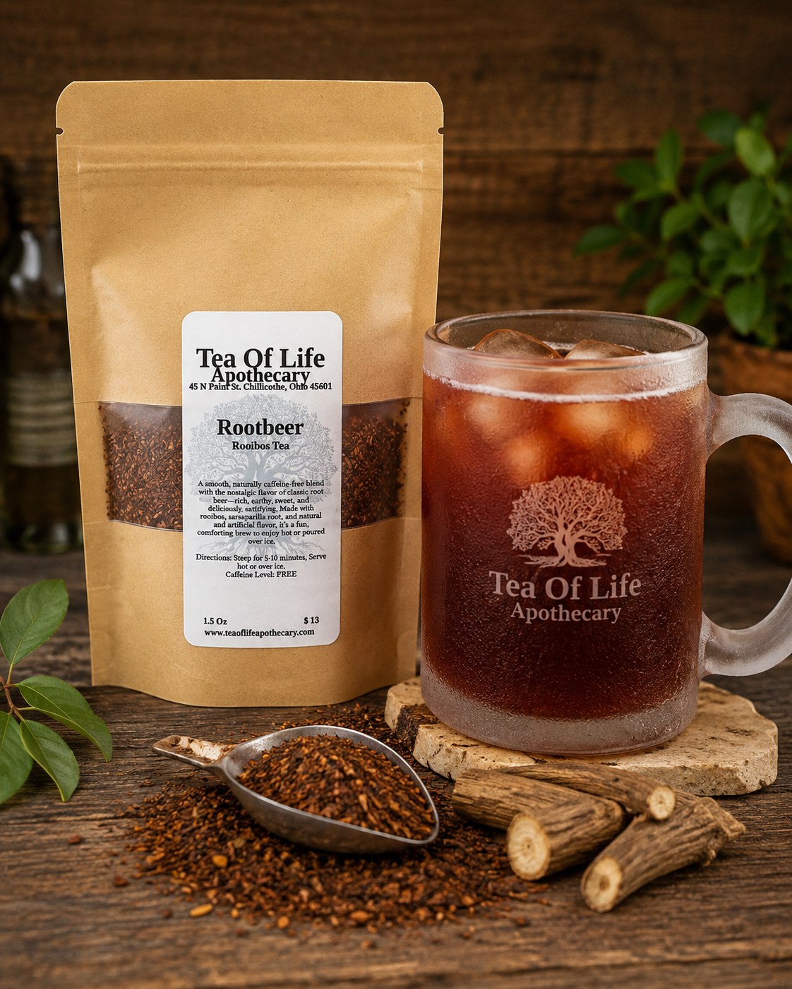 Root Beer Rooibos Herbal Tea by Tea of Life Apothecary, a caffeine-free loose leaf tea made with rooibos and sarsaparilla root, pictured beside a frosty mug of iced root beer flavored tea.