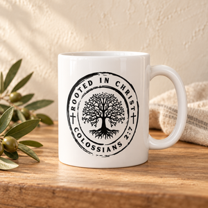 White ceramic Christian mug featuring a rooted tree design with “Rooted in Christ” and Colossians 2:7.