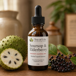 Tea of Life Apothecary Soursop and Elderberry herbal tincture in an amber dropper bottle displayed with fresh soursop fruit and elderberries.