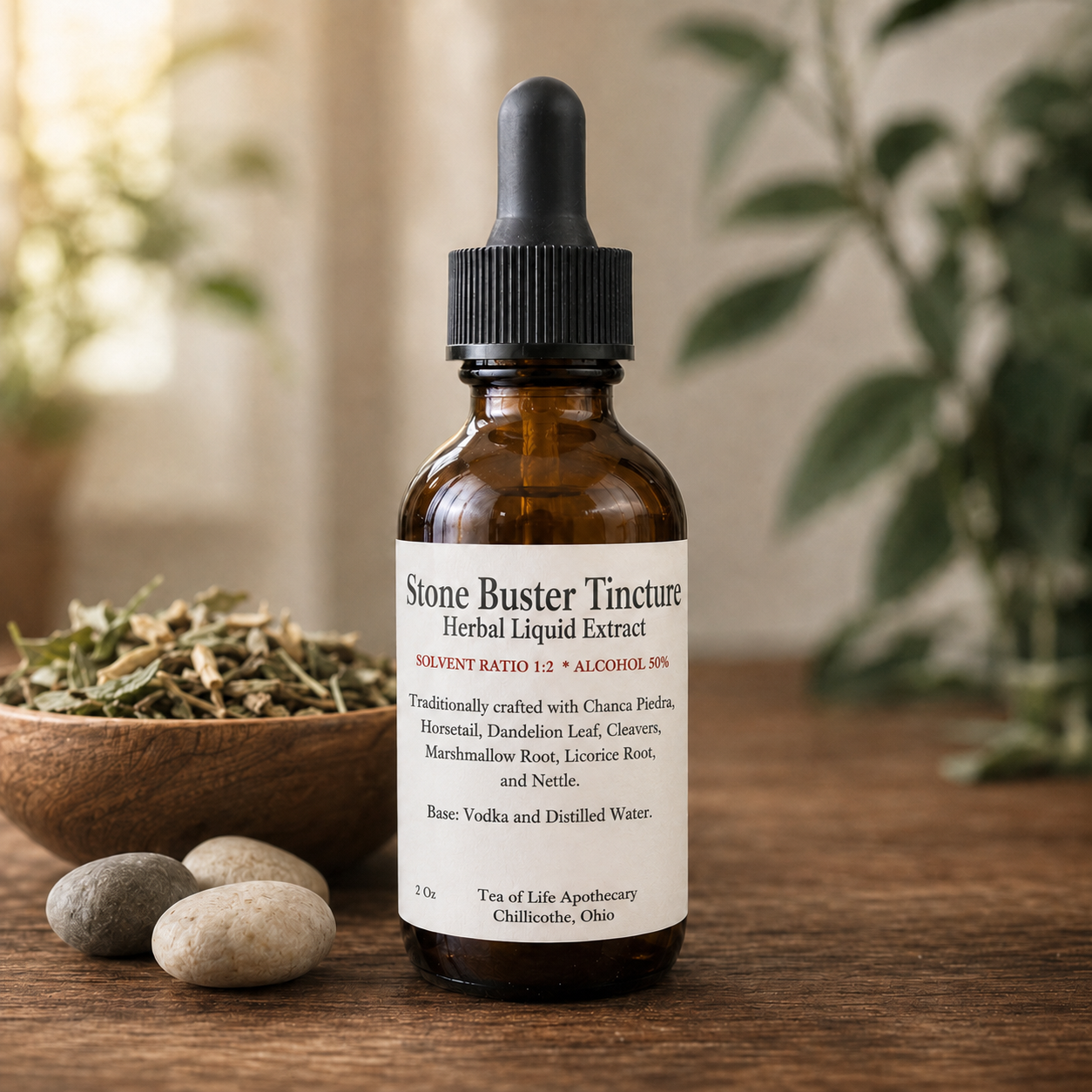 Tea of Life Apothecary Stone Buster herbal tincture displayed with its traditional herbal ingredients and smooth stones.