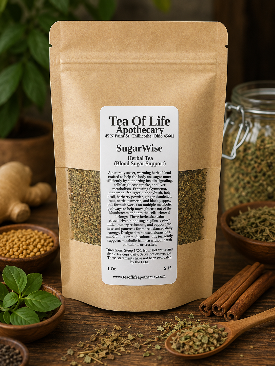 SugarWise Herbal Tea by Tea of Life Apothecary displayed in a rustic herbal setting with gymnema, cinnamon, fenugreek, holy basil, ginger, and dandelion root designed to support healthy blood sugar balance and metabolic wellness.