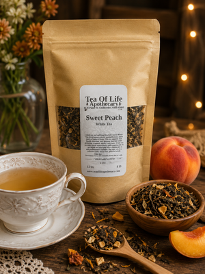 A stand-up kraft paper pouch of Tea Of Life Apothecary Sweet Peach White Tea stands on a rustic wooden table, with a white teacup of tea, bowls of loose tea and peach pieces, and peaches nearby. Warm string lights and flowers are softly blurred in the background.