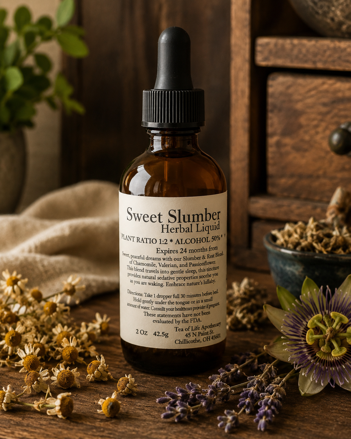 Amber glass bottle of Sweet Slumber Herbal Sleep Tincture by Tea of Life Apothecary displayed on a rustic wooden surface with chamomile, lavender, and passionflower. This handcrafted herbal tincture is formulated to promote relaxation, calm the nervous system, and support restful, restorative sleep.