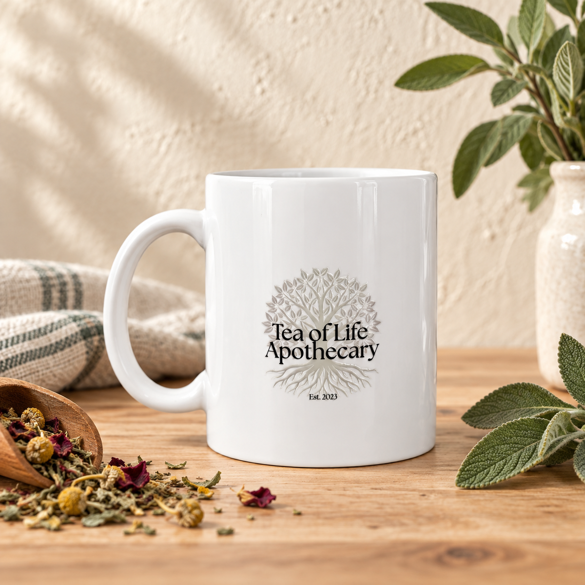 White ceramic mug featuring the Tea of Life Apothecary tree logo and Est. 2023 design.