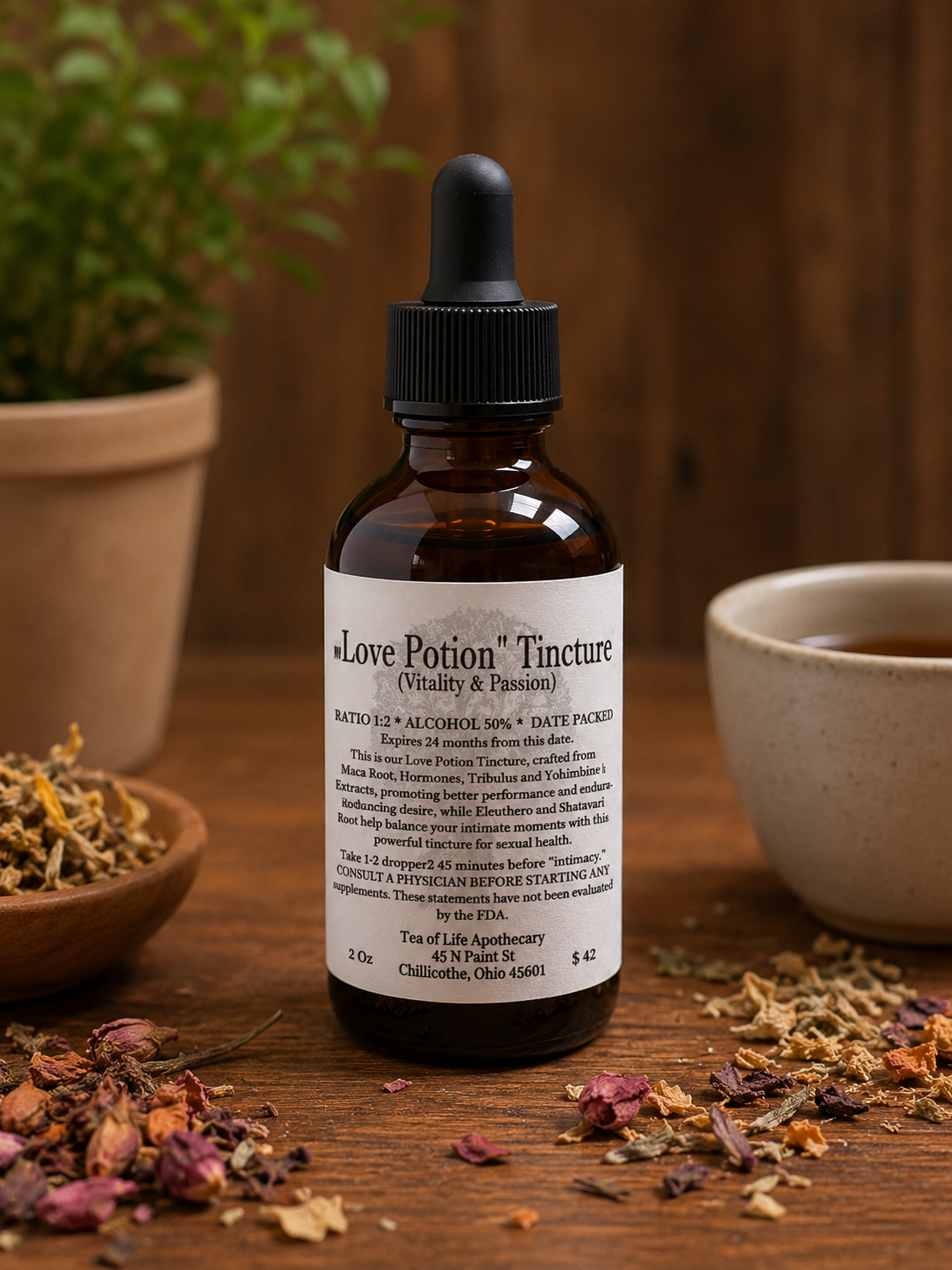 Tea of Life Apothecary Love Potion Tincture in amber glass dropper bottle on rustic wooden table with dried herbs and warm apothecary background for vitality and passion herbal support.