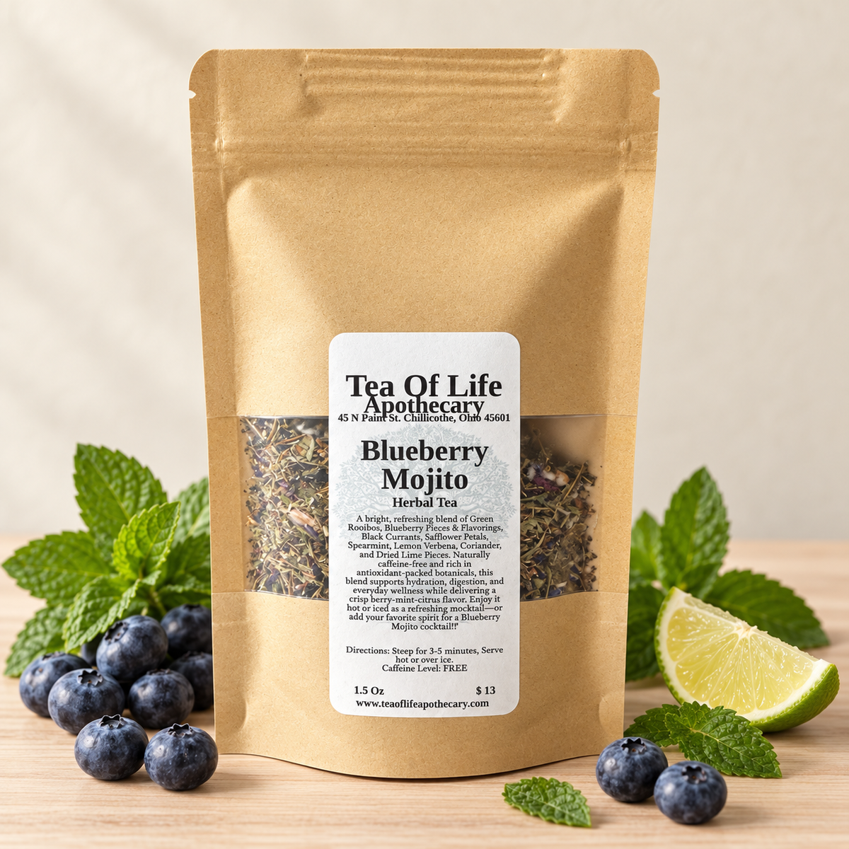 Tea of Life Apothecary Blueberry Mojito herbal tea pouch with blueberries, mint, and lime.