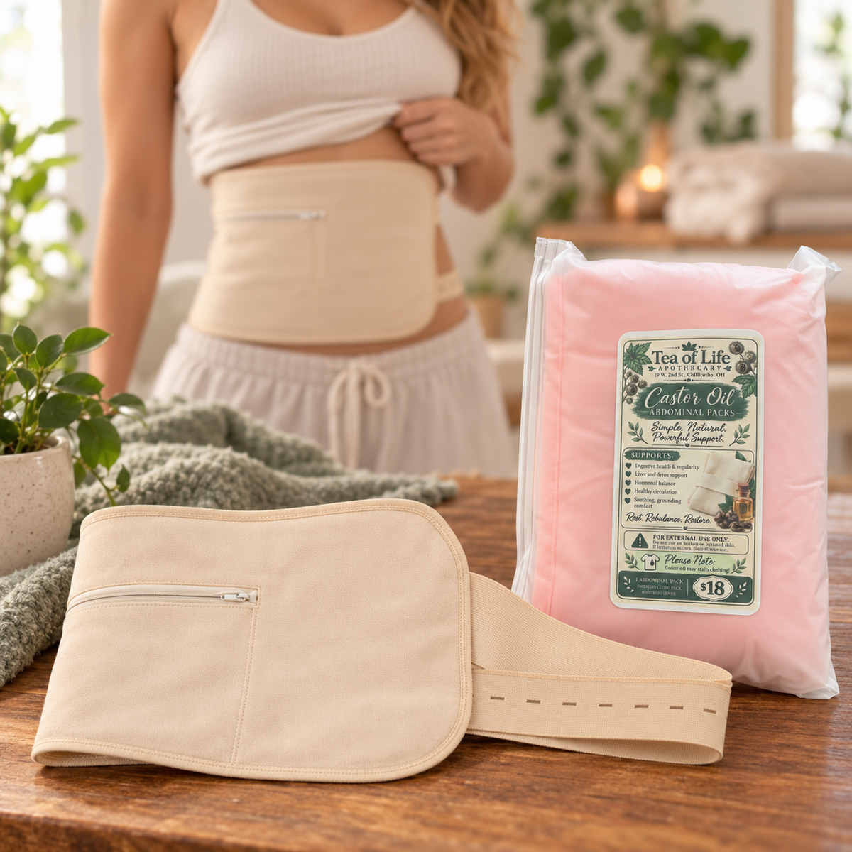 Tea of Life Apothecary castor oil abdominal wrap and packaged belly pack displayed in a calming wellness setting with a woman wearing the wrap.