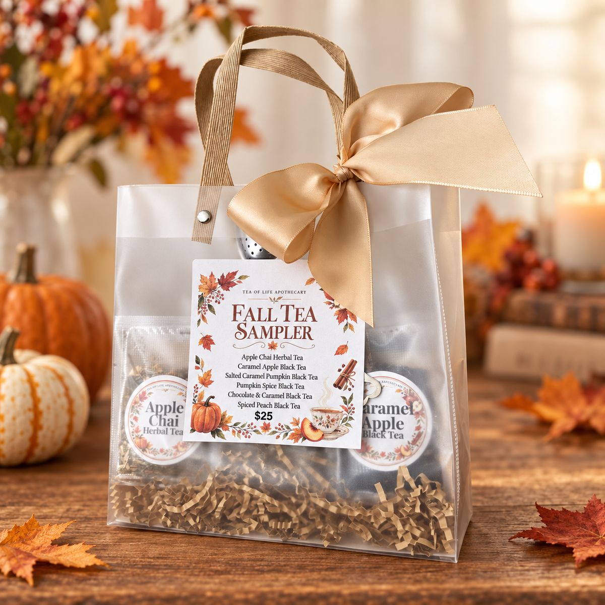 Tea of Life Apothecary Fall Tea Sampler gift set featuring six seasonal herbal and black tea blends in an autumn-themed gift bag.