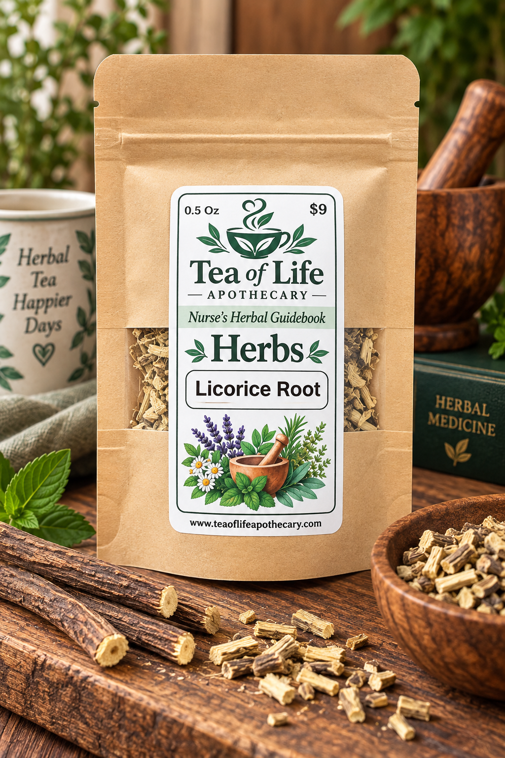 Tea of Life Apothecary Nurse’s Herbal Guidebook Licorice Root, dried cut licorice root packaged for herbal education, traditional herbal preparations, tea blends, and building a home apothecary.