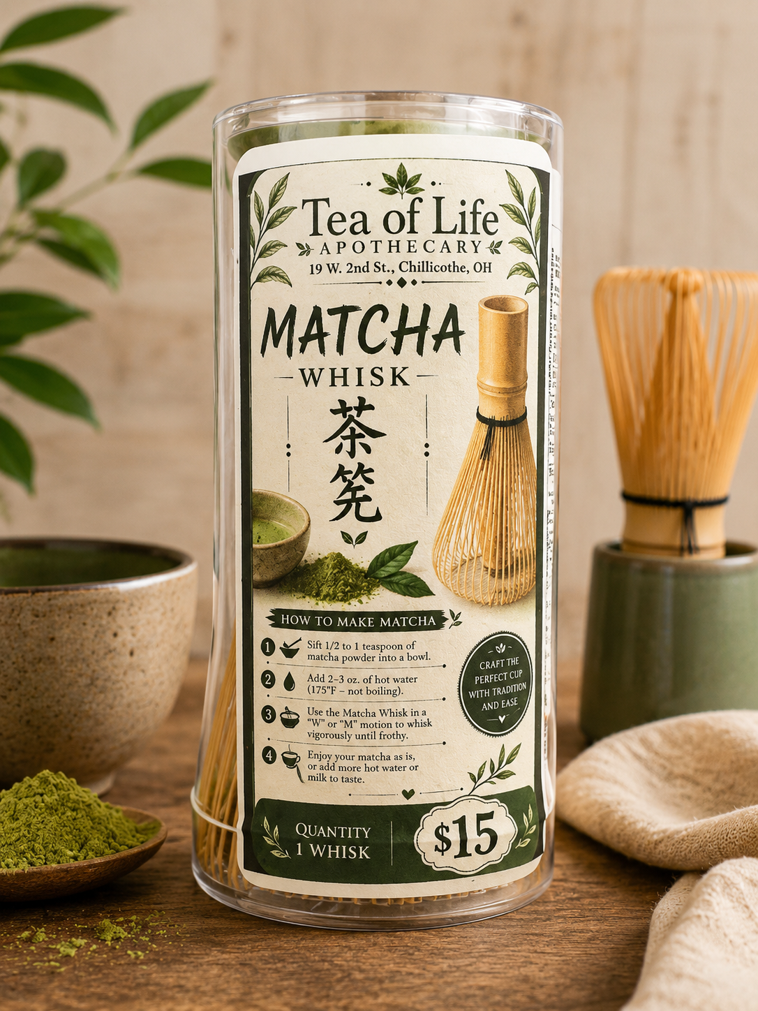Traditional bamboo matcha whisk from Tea of Life Apothecary for whisking matcha green tea into a smooth, creamy, frothy cup.