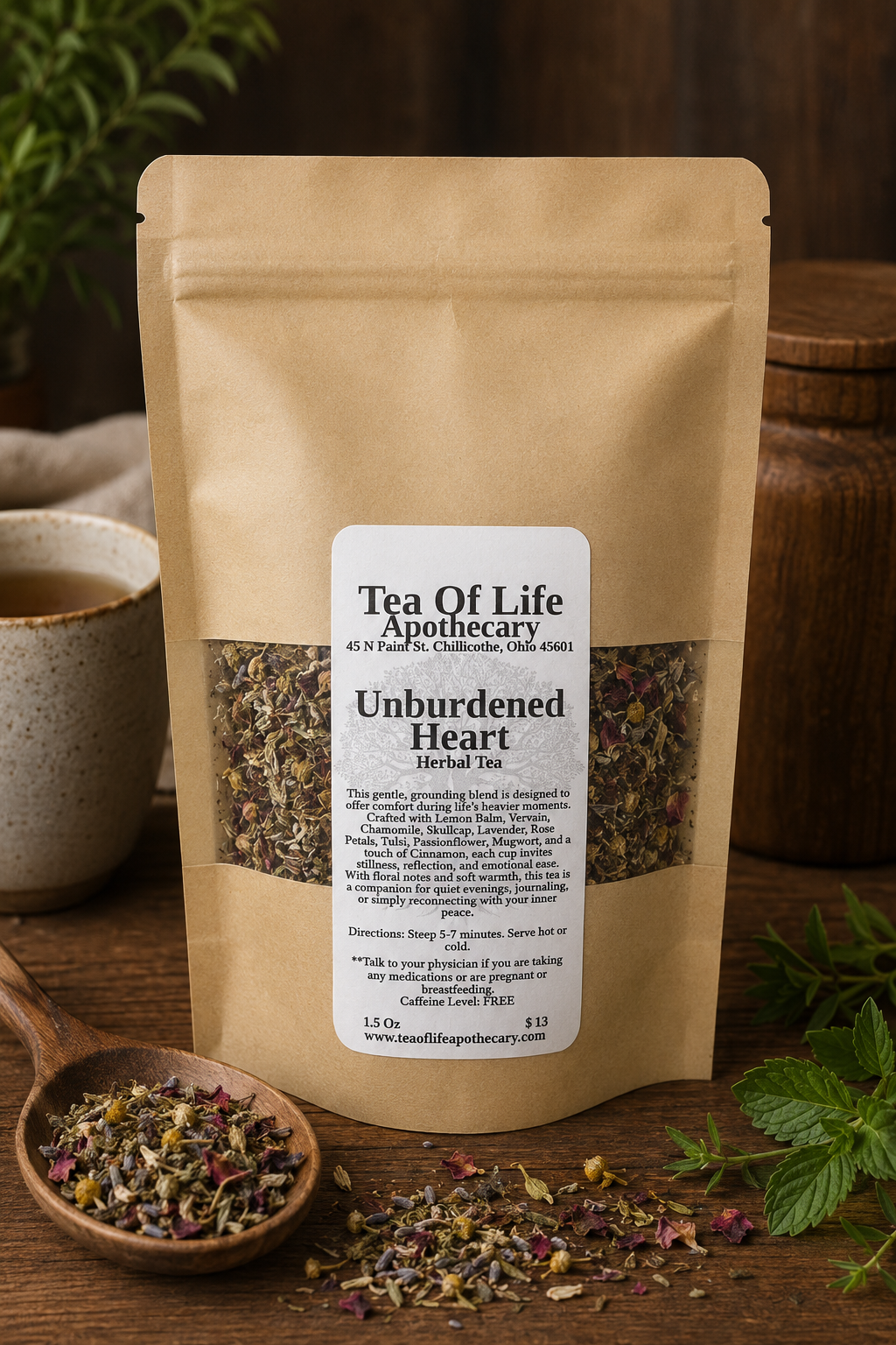 Tea of Life Apothecary Unburdened Heart Herbal Tea in a kraft pouch with loose leaf herbs including lemon balm, vervain, chamomile, skullcap, lavender, rose petals, tulsi, and passionflower. Caffeine-free herbal tea crafted to promote relaxation, emotional balance, and peaceful reflection.