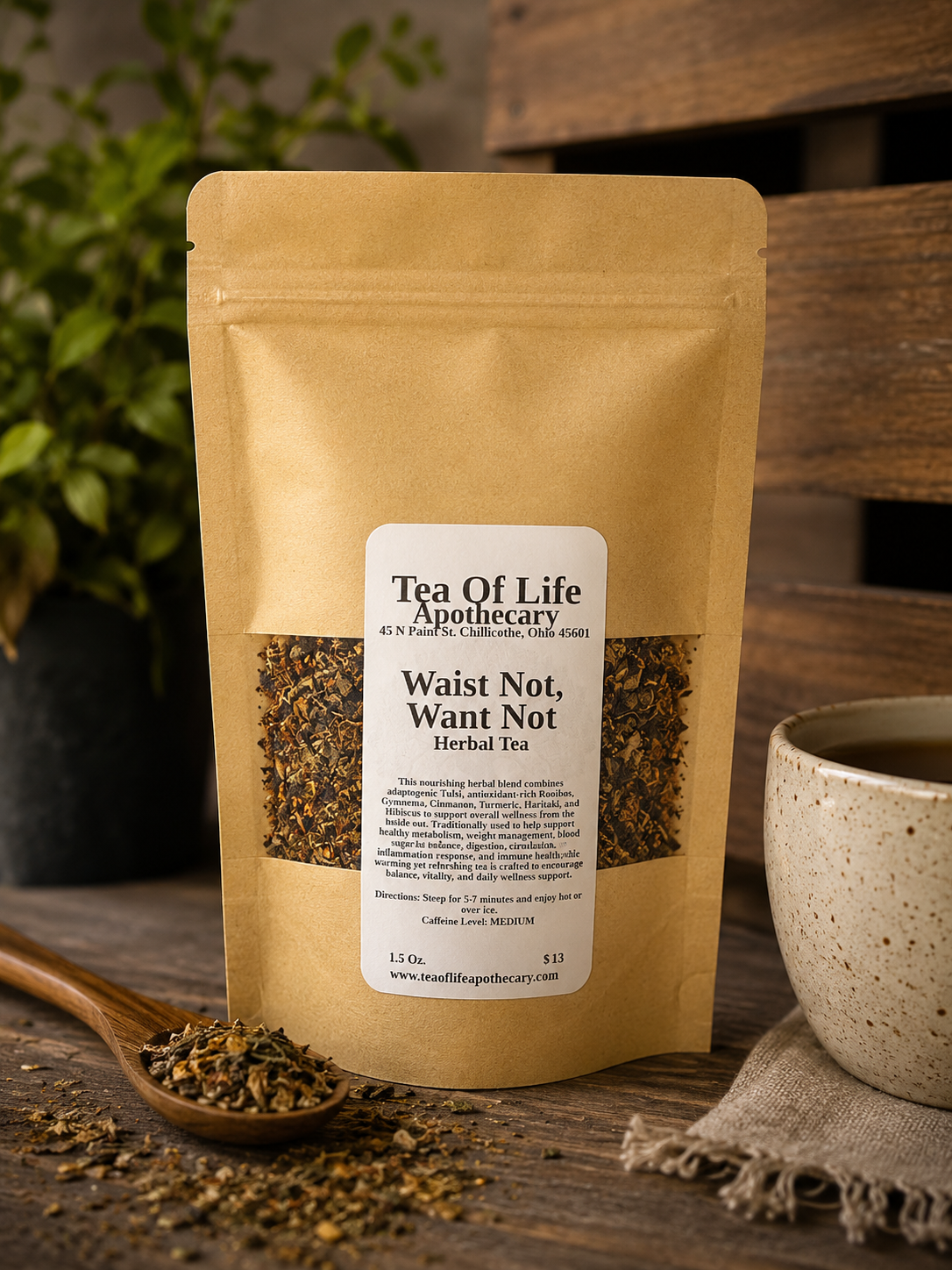 Tea of Life Apothecary Waist Not, Want Not Herbal Tea in a kraft stand-up pouch displayed on a rustic wooden table with loose herbal tea leaves, a wooden spoon, and a warm cup of tea, highlighting a natural metabolism support and wellness tea blend.