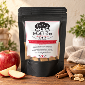 Whisk & Wag Apple Cinnamon Peanut Butter Dog Treats in a resealable package with apples, cinnamon sticks, and peanuts.