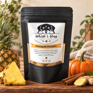 Whisk & Wag Pineapple Pumpkin Dog Treats displayed with fresh pineapple, pumpkin, ginger, and cinnamon.