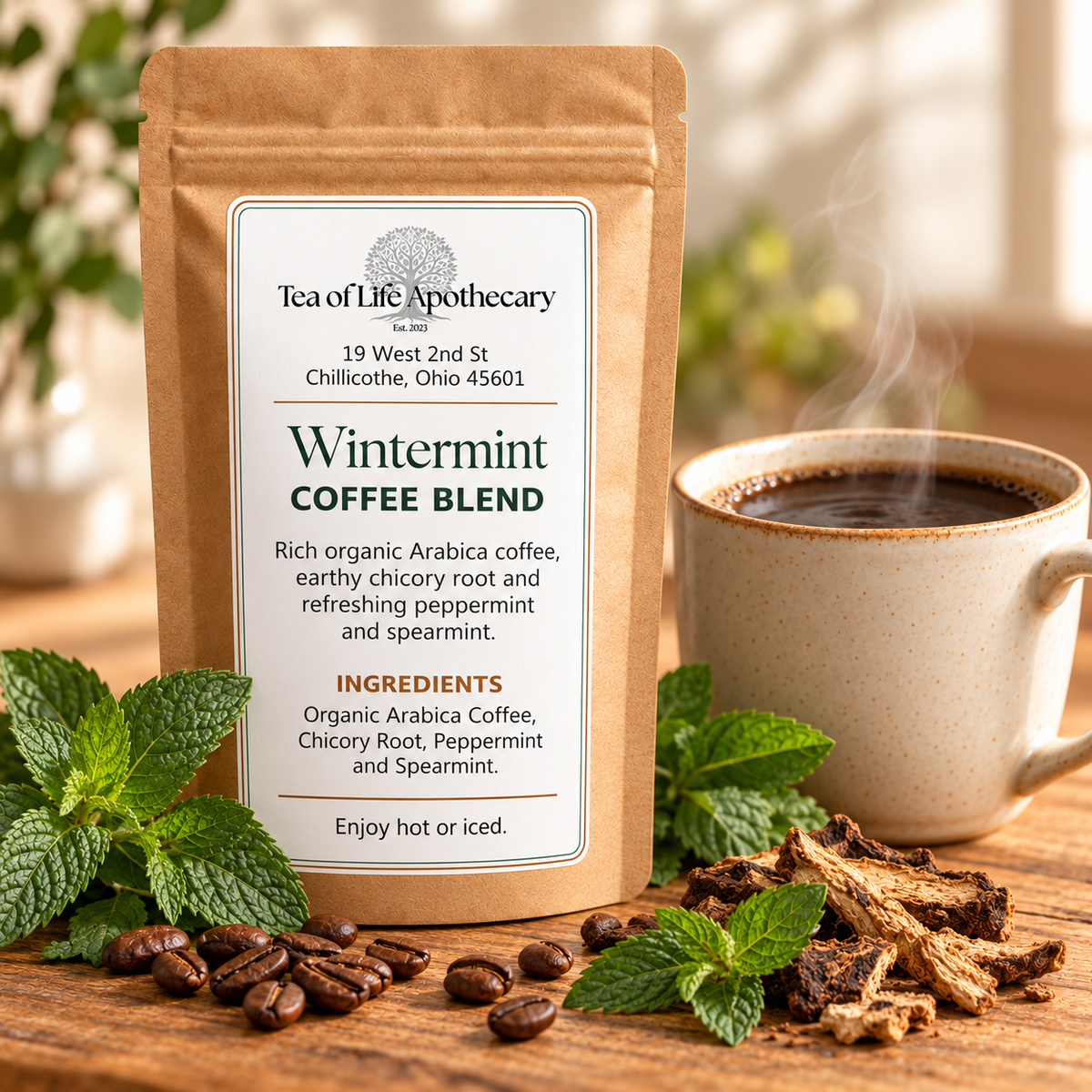 Tea of Life Apothecary Wintermint Coffee Blend in a kraft pouch beside steaming coffee, fresh mint leaves, roasted coffee beans, and chicory root.