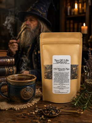 A stand-up pouch of Tea Of Life Apothecary 'The Wizards Pipe' black tea stands on a rustic wooden table, with a blue ceramic mug, loose tea, and rosemary in the foreground. A wizard character is visible in a dimly lit library background.